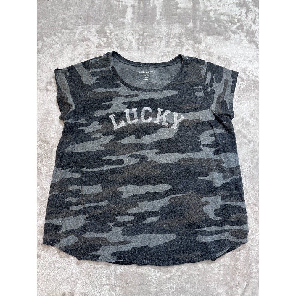 Lucky Brand T-Shirt Womens Size XXL Gray Camo Distressed Arch Logo Short Sleeve
